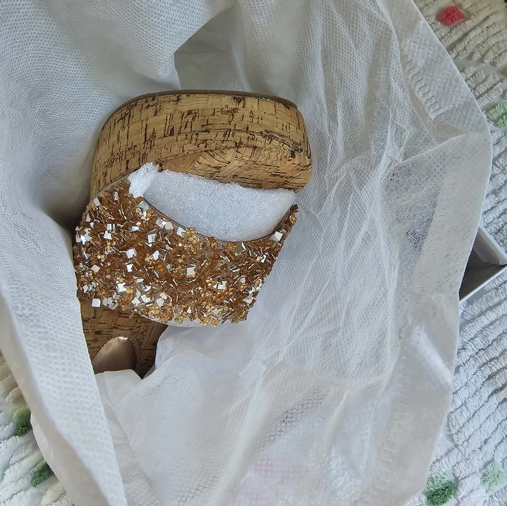 Gold and Tan Wedge Sandals